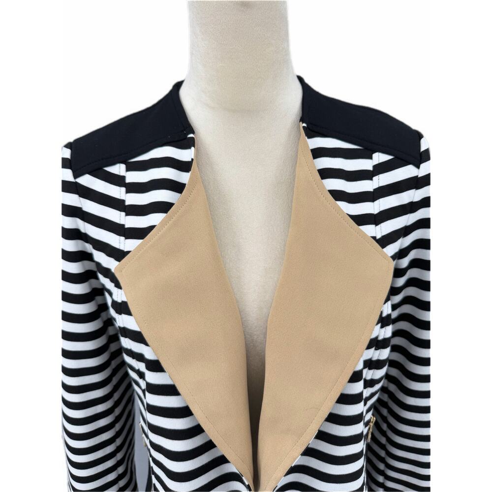 Chico’s Sz 0 Black & White Stripe Tan Ponte Knit Slim Fit Blazer Moto Jacket - Picture 4 of 12